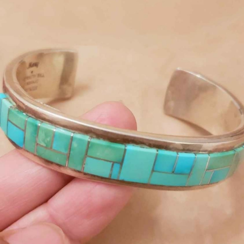 RARE NAVAJO NATIVE KENBILL INLAY GILBERT TURQUOISE STERLING SILVER BRACELET CUFF